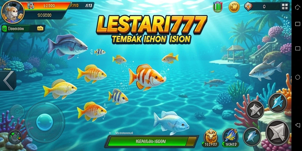 Tampilan gameplay LESTARI777 dengan ikan-ikan berwarna cerah.