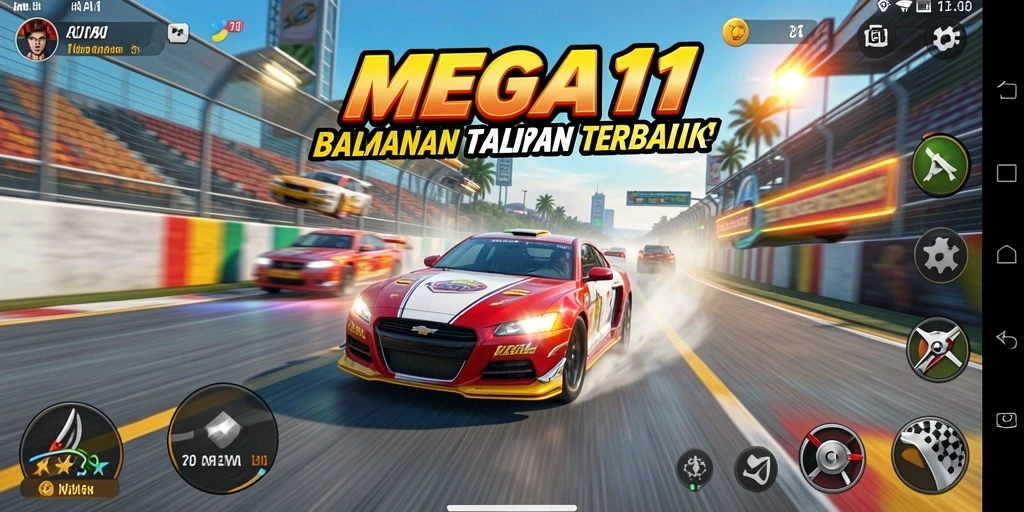 Screenshot utama menunjukkan aksi balapan cepat dalam MEGA111.