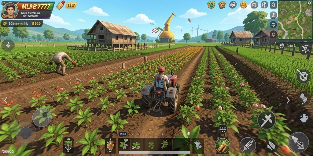 Screenshot gameplay MLBB777 yang menunjukkan aktivitas pertanian yang seru.