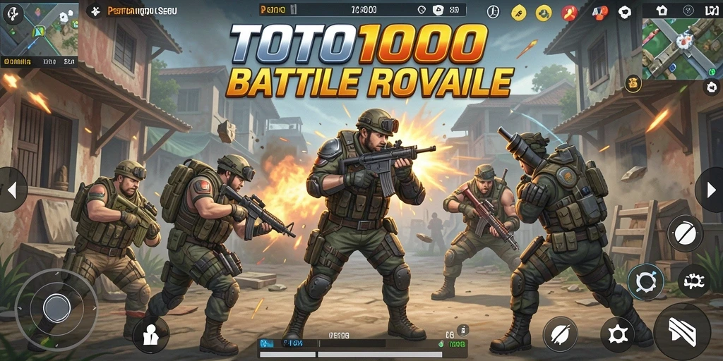 Tangkapan layar utama TOTO1000 menampilkan aksi pertempuran intens Battle Royale.